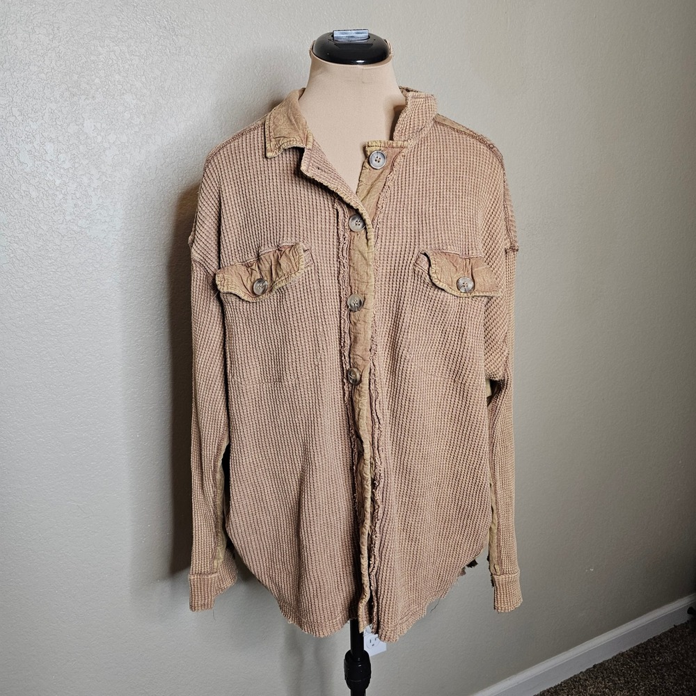Oli & Hali Women Brown Waffle Knit Mineral Wash Shacket Size Medium/Large